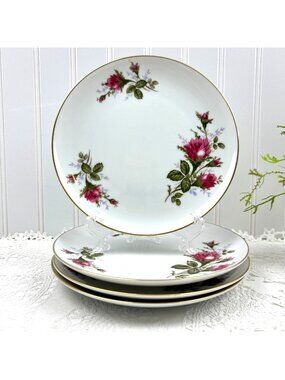 Vintage Sango Moss Rose China 4 Salad Luncheon Plates Pink Roses 7.5" Japan